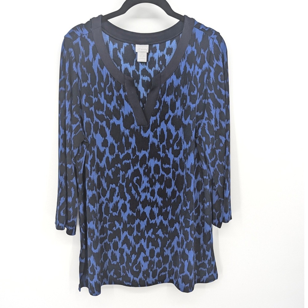 Chicos Traveler Tunic Women Large Blue Animal Print Split Neck 3/4 Sleeve Mature